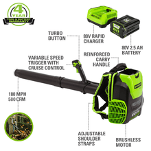 Load image into Gallery viewer, 80V 145 MPH - 580 CFM Brushless Backpack Blower, 2.5 Ah Battery and Charger Included - BPB80L2510
