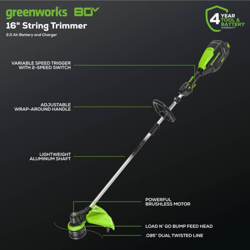 80V 16" Front Mounted String Trimmer, 2.0Ah Battery and Charger Included
