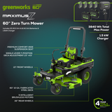 60V 60" MaximusZ Zero Turn Mower, (2) 20.0Ah, (4) 8.0Ah Batteries and 1.5 kW Charger Included