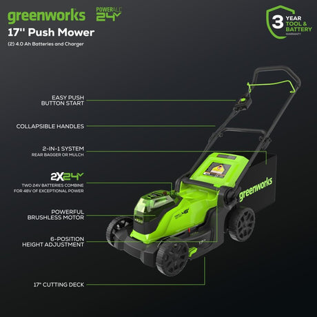 48V (2 x 24V) 17" Brushless Push Mower, (2) 4.0Ah Batteries and Dual Port Charger