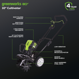Cultivateur 80 V, 10 pouces, batterie 2,0 Ah et chargeur inclus