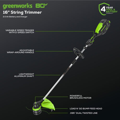 80V 16" Front Mounted String Trimmer, 2.0Ah Battery and Charger Included