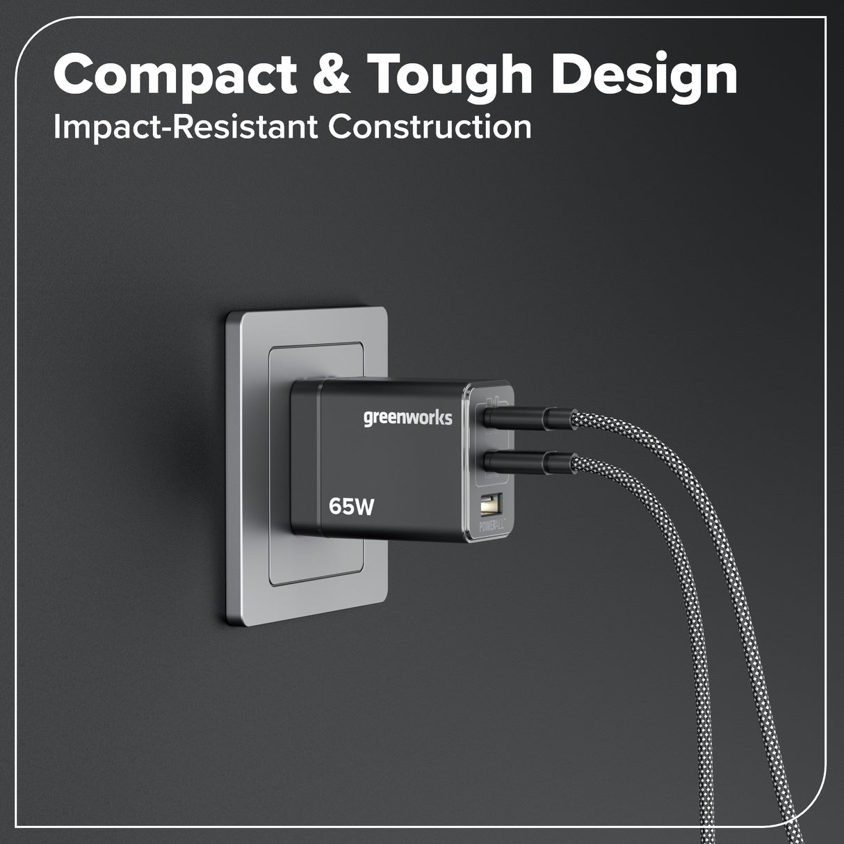 Greenworks POWERALL 65W Charger, 2x USB-C ports and USB-A Port