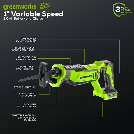 24V Brushless Reciprocating Saw, 2.0Ah Battery and Charger Included