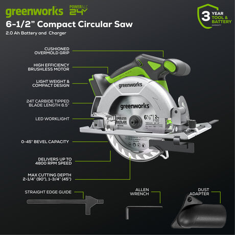 Scie circulaire sans balais 24 V de 6,5 po, batterie de 2,0 Ah et chargeur inclus