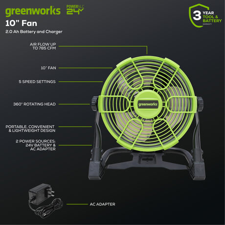 24V Portable Fan with 2.0Ah USB Battery and AC Adapter/Charger