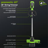 60V 16" Brushless Battery String Trimmer, 2.5Ah Battery and Charger Included