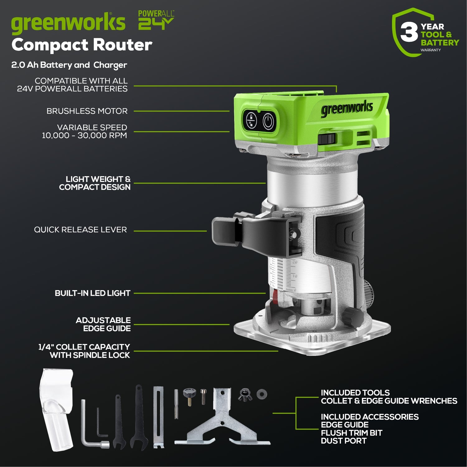 24V Brushless Compact Router, 2.0Ah Battery and Charger Included ...