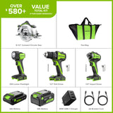 24V Brushless 4-Piece Power Tool Combo Kit – Drill/Driver, Circular Saw, Impact Driver, LED Flashlight, (1) 4.0Ah & (1) 2.0Ah USB-C Batteries, 65W USB-C Fast Charger Included