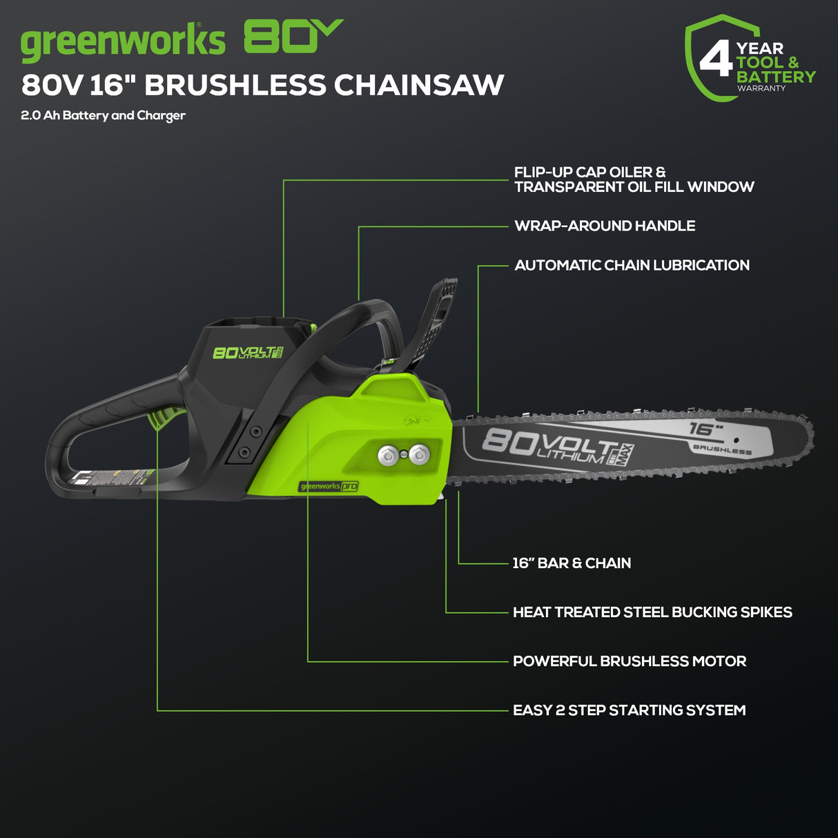 Scie à chaîne sans balais 80 V, 16 pouces, batterie 2,0 Ah et chargeur inclus – CS80L211