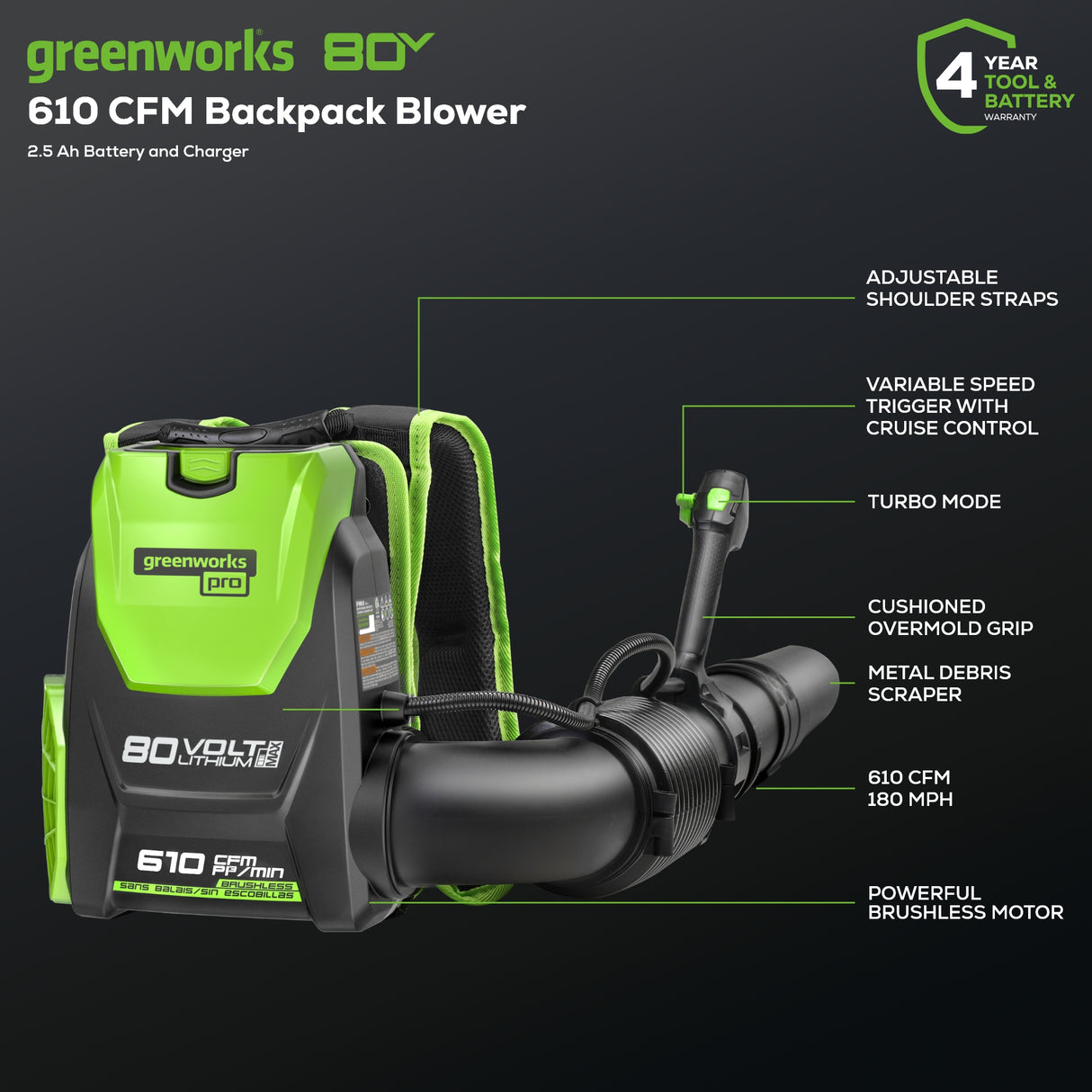 80V 180 MPH - 610 CFM Brushless Backpack Blower, 2.5Ah Battery and Charger Included - BPB80L2510