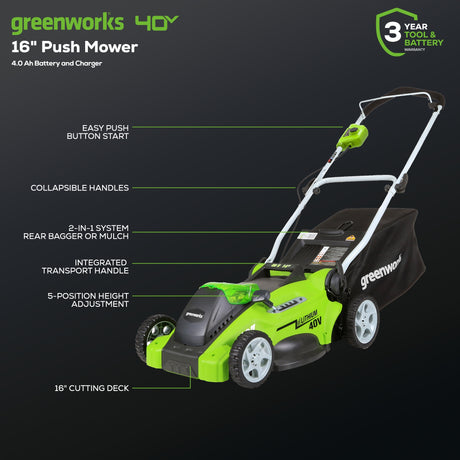 Greenworks 40V 16" Cordless Push Lawn Mower, 4.0Ah Battery and Charger Included