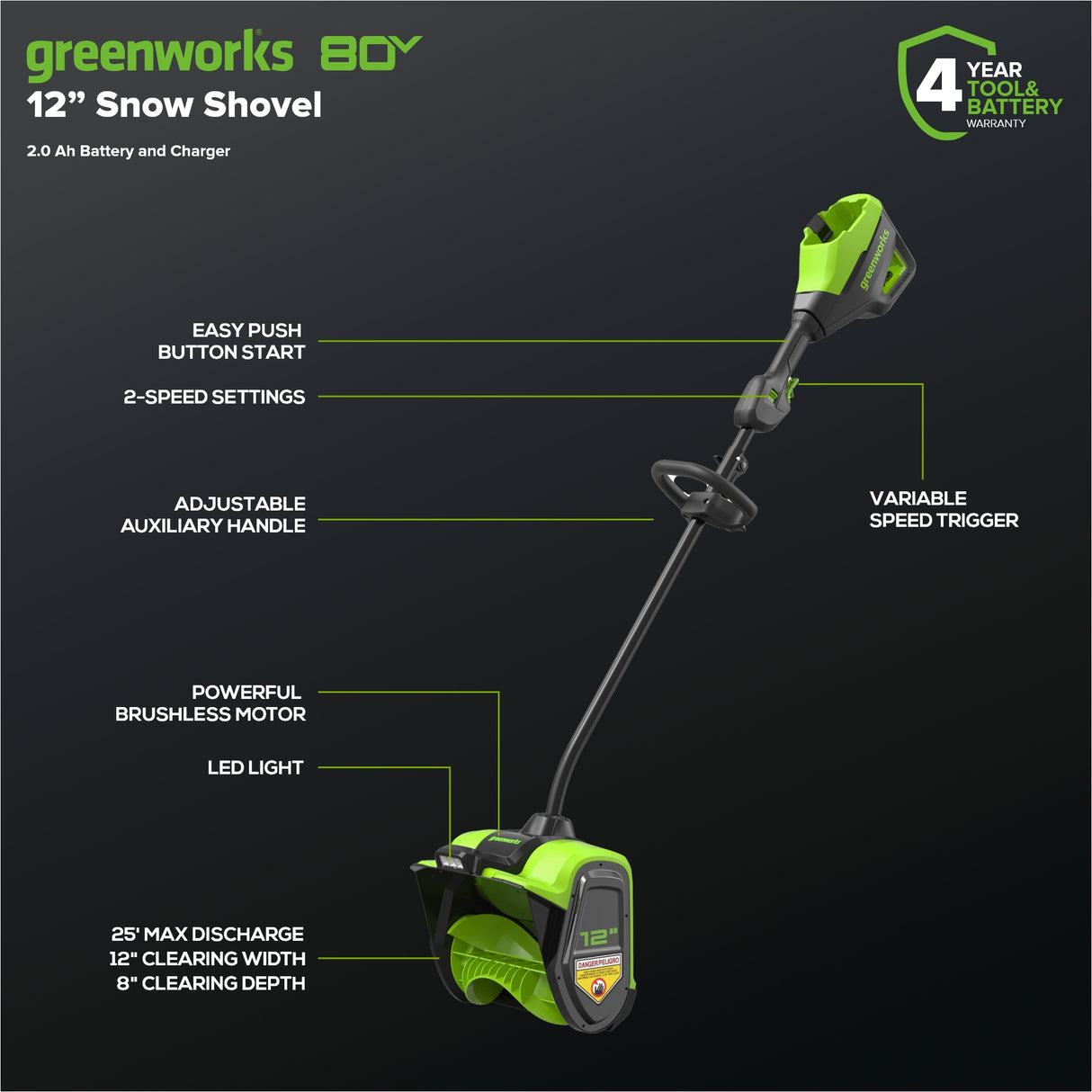 Greenworks 80V 12" Brushless Snow Shovel, 2.0Ah Battery and Charger Included