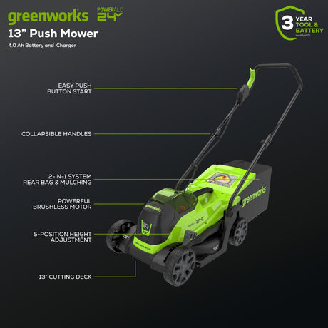 24V 13" Brushless Lawn Mower, 4.0Ah Battery and Charger Included