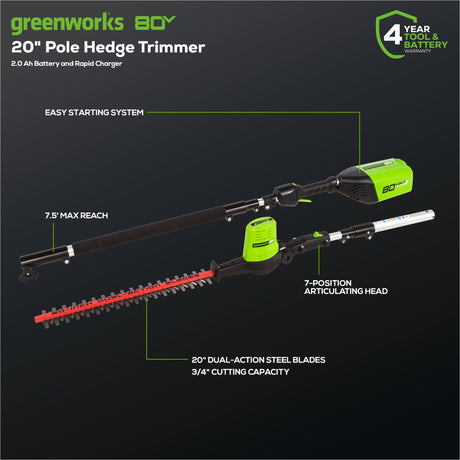 80V Pole Hedge Trimmer, 2.0Ah Battery and Charger Included