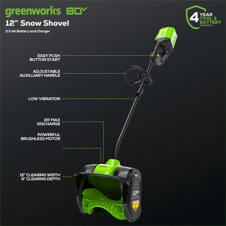 Pelle à neige sans fil Greenworks PRO 80 V, 12 pouces, batterie 2,0 Ah et chargeur inclus