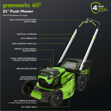 60V 21" Push Lawn Mower, 5.0Ah Battery and Rapid Charger Included