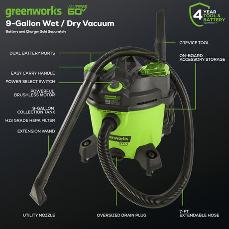 60V AC/DC Wet/Dry Vacuum (Tool Only)