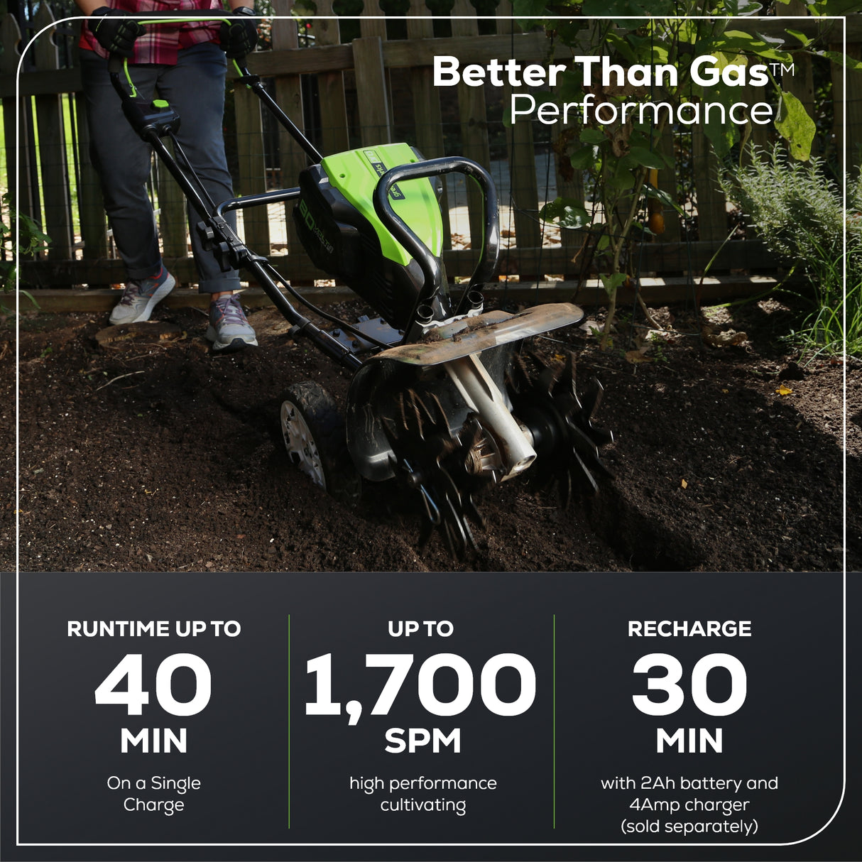 Cultivateur 80 V, 10 pouces, batterie 2,0 Ah et chargeur inclus