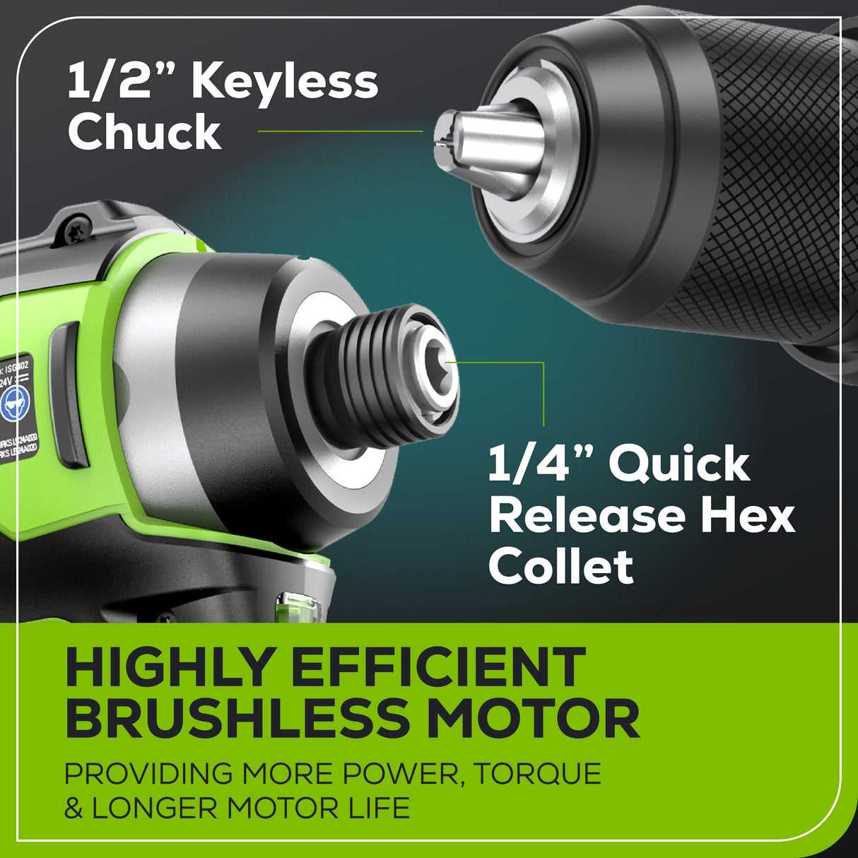 24V Brushless 1/2" Drill/Driver, 1/4" Hex Impact Driver, (2) 2.0Ah Battery & Charger Included Bonus: 8 pc Bit Set