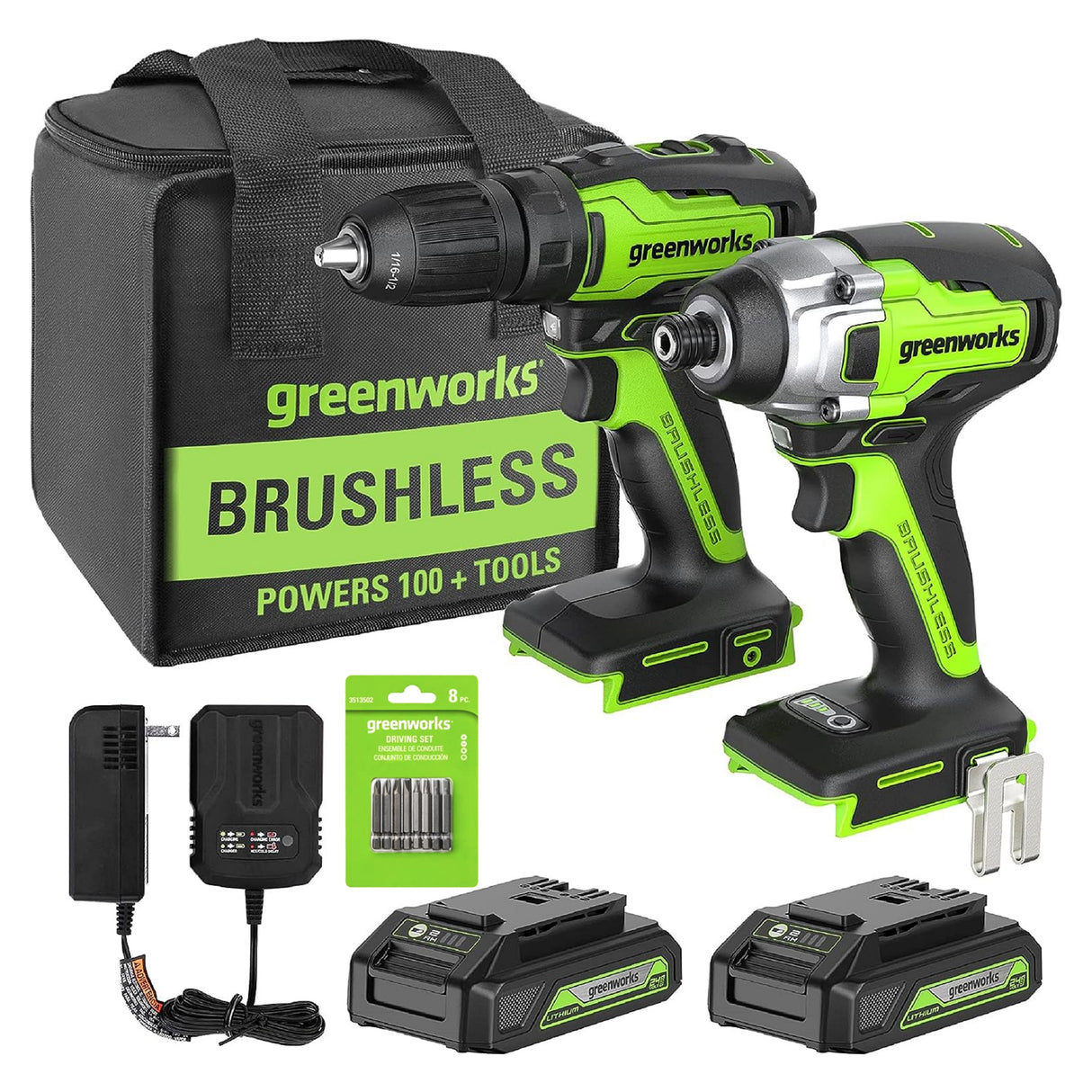 24V Brushless 1/2" Drill/Driver, 1/4" Hex Impact Driver, (2) 2.0Ah Battery & Charger Included Bonus: 8 pc Bit Set