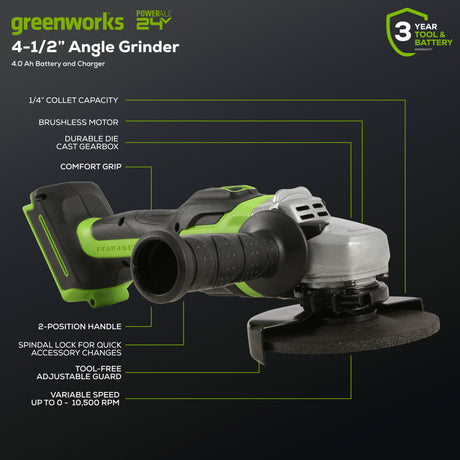 24V Angle Grinder, 4.0Ah USB Battery and Charger Included