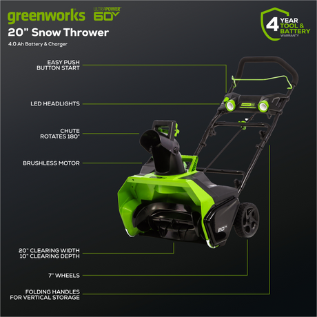 60V 20" Snow Thrower, 4.0Ah Battery and Charger Included