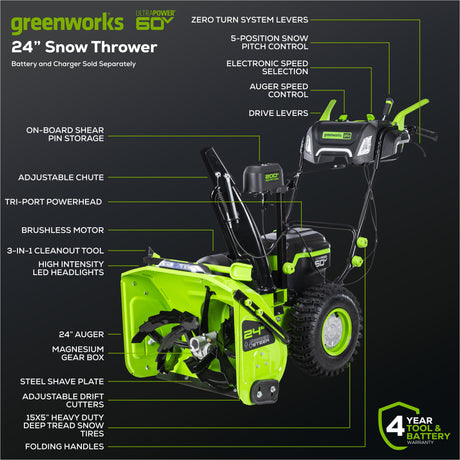 Greenworks 60V 24" Dual Stage Snow Thrower (TOOL ONLY)