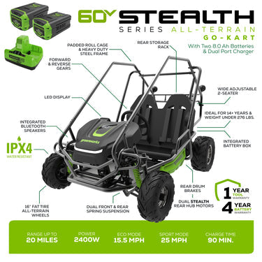 Go-Kart électrique tout-terrain pour jeunes 60 V, série STEALTH, 2 batteries 8,0 Ah et chargeur à double port