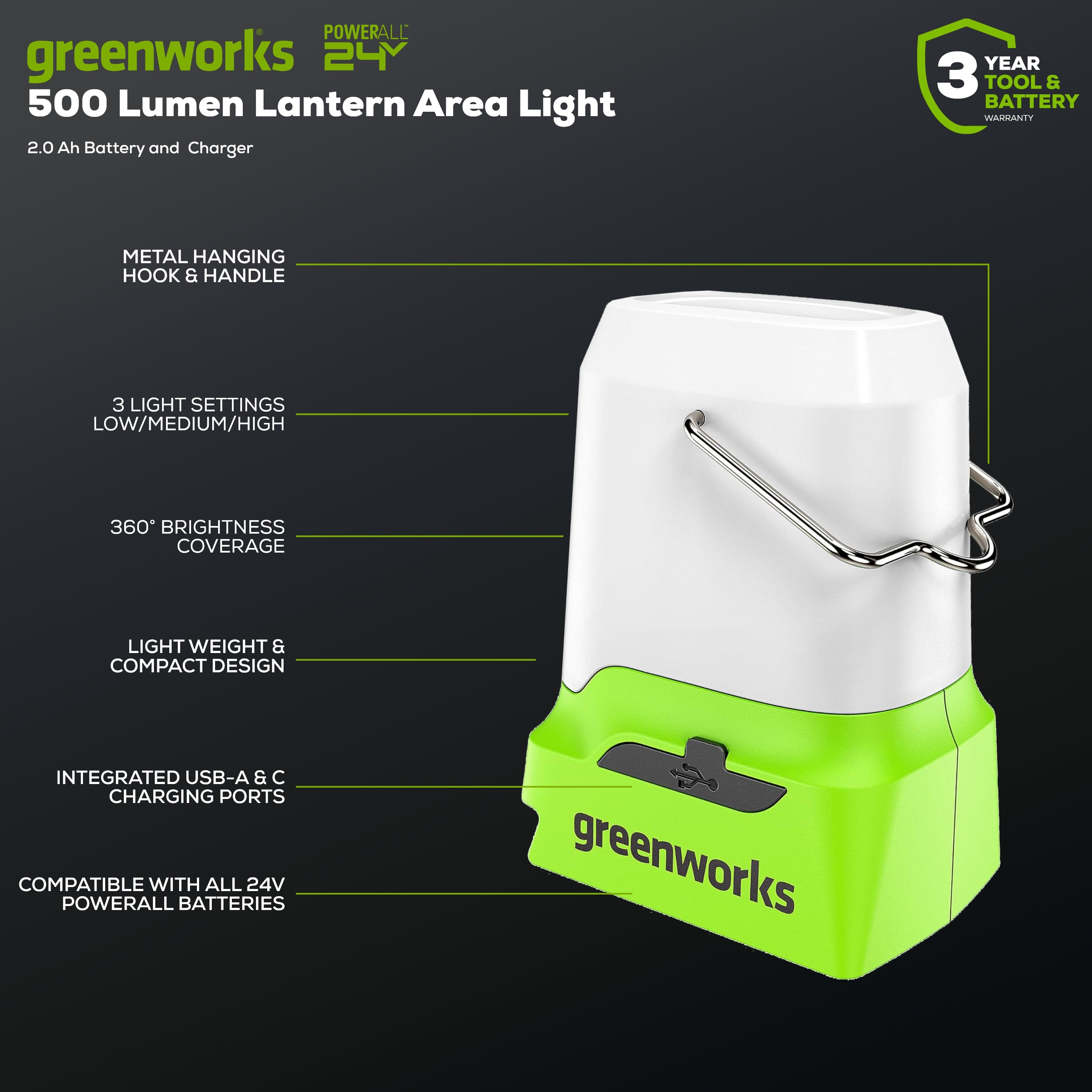 24V 500 Lumen Lantern (Tool Only) – Greenworks Tools Canada Inc.
