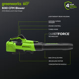 60V 630 CFM - 170 MPH Leaf Blower, 2.5Ah Battery and 3 Amp Charger Included