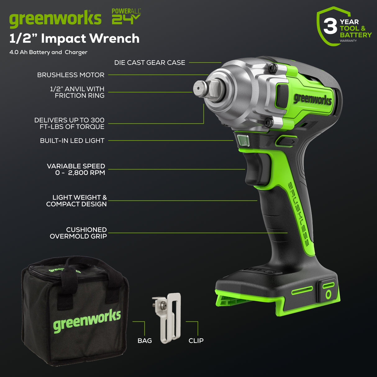 24V Brushless 1/2" Impact Wrench, 4.0Ah Battery and Charger Included