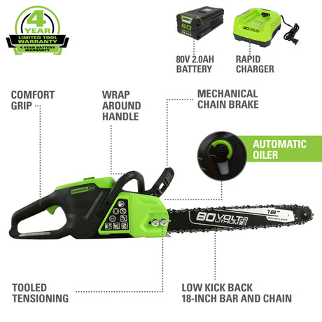 80V 18" Brushless Chainsaw & 80V Brushless Blower Combo Kit, 2.0Ah Battery and Charger Included