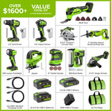 24V Brushless 10-Piece Power Tool Combo Kit, (2) 4.0Ah & (1) 2.0Ah USB-C Batteries & 65W Charger Included