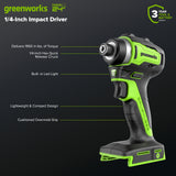 Ensemble 24 V de 6 outils électroportatifs sans balais Greenworks, avec (1) batterie USB-C de 4,0 Ah et (1) batterie USB-C de 2,0 Ah, et chargeur rapide USB-C de 65 W.