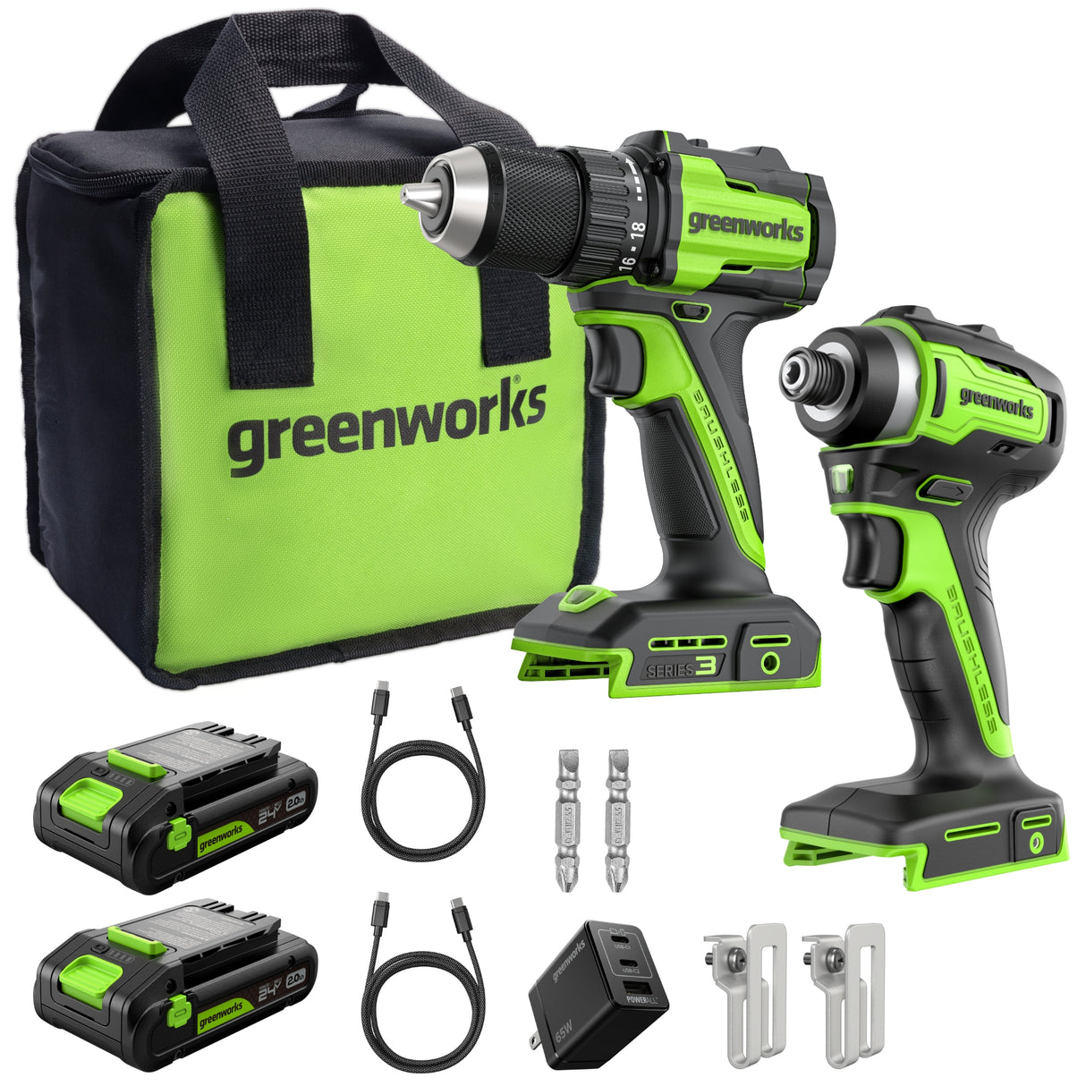 24V Cordless Battery 400 in-lbs Drill / Driver and 1950 in-lbs Impact Driver – (2) 2.0Ah USB-C Batteries & 65W USB-C Fast Charger Included
