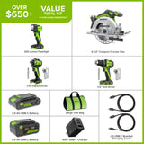 24V Brushless 4-Piece Power Tool Combo Kit – Drill/Driver, Circular Saw, Impact Driver, LED Flashlight, (1) 4.0Ah & (1) 2.0Ah USB-C Batteries, 65W USB-C Fast Charger Included
