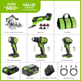 Ensemble 24 V de 5 outils électroportatifs sans balais avec (1) batterie USB-C 4,0 Ah, (1) batterie USB-C 2,0 Ah et un chargeur rapide USB-C 65 W