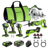 Ensemble 24 V de 6 outils électroportatifs sans balais Greenworks, avec (1) batterie USB-C de 4,0 Ah et (1) batterie USB-C de 2,0 Ah, et chargeur rapide USB-C de 65 W.