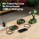 Ensemble 24 V de 6 outils électroportatifs sans balais Greenworks, avec (1) batterie USB-C de 4,0 Ah et (1) batterie USB-C de 2,0 Ah, et chargeur rapide USB-C de 65 W.