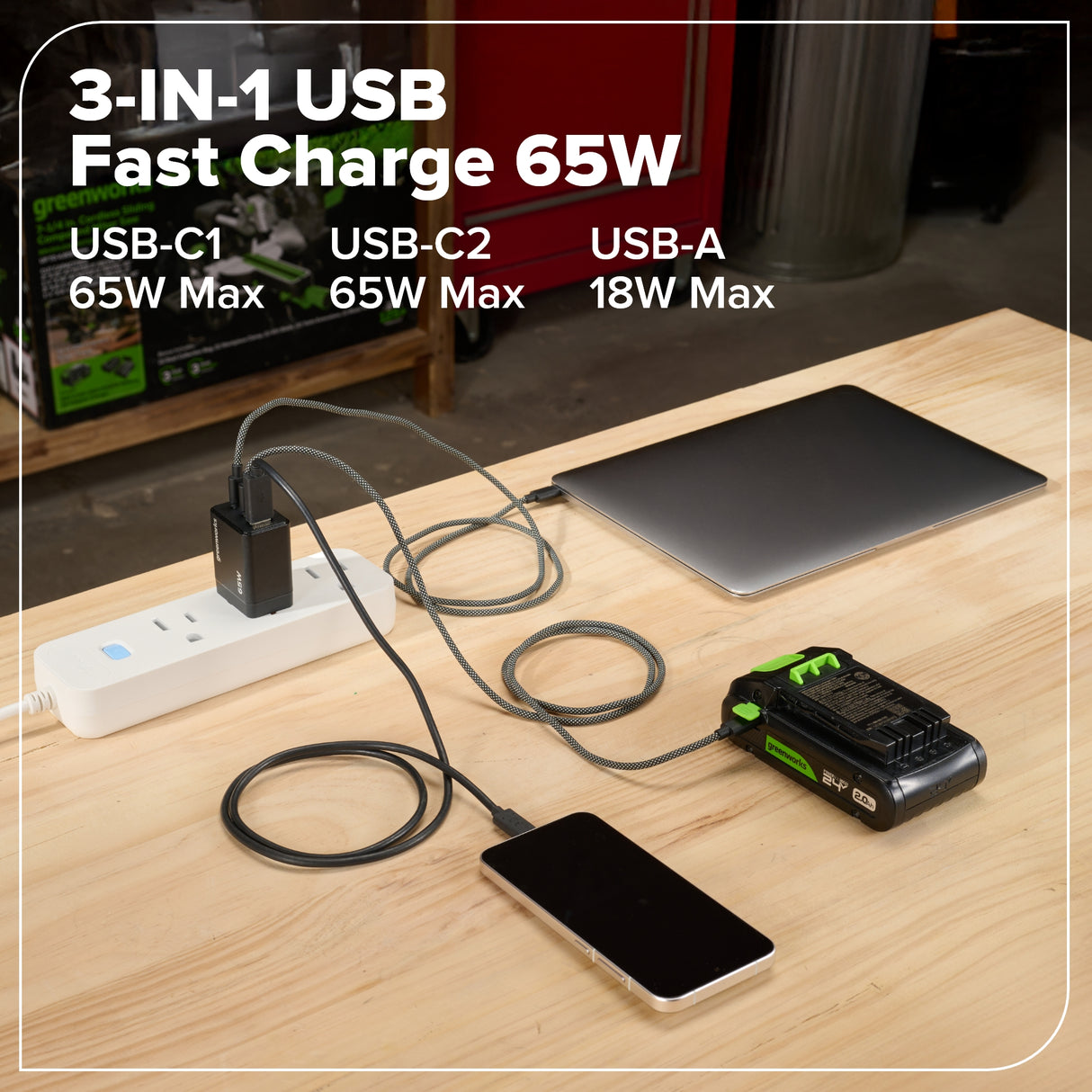 Ensemble 24 V de 6 outils électroportatifs sans balais Greenworks, avec (1) batterie USB-C de 4,0 Ah et (1) batterie USB-C de 2,0 Ah, et chargeur rapide USB-C de 65 W.
