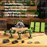 Ensemble 24 V de 6 outils électroportatifs sans balais Greenworks, avec (1) batterie USB-C de 4,0 Ah et (1) batterie USB-C de 2,0 Ah, et chargeur rapide USB-C de 65 W.