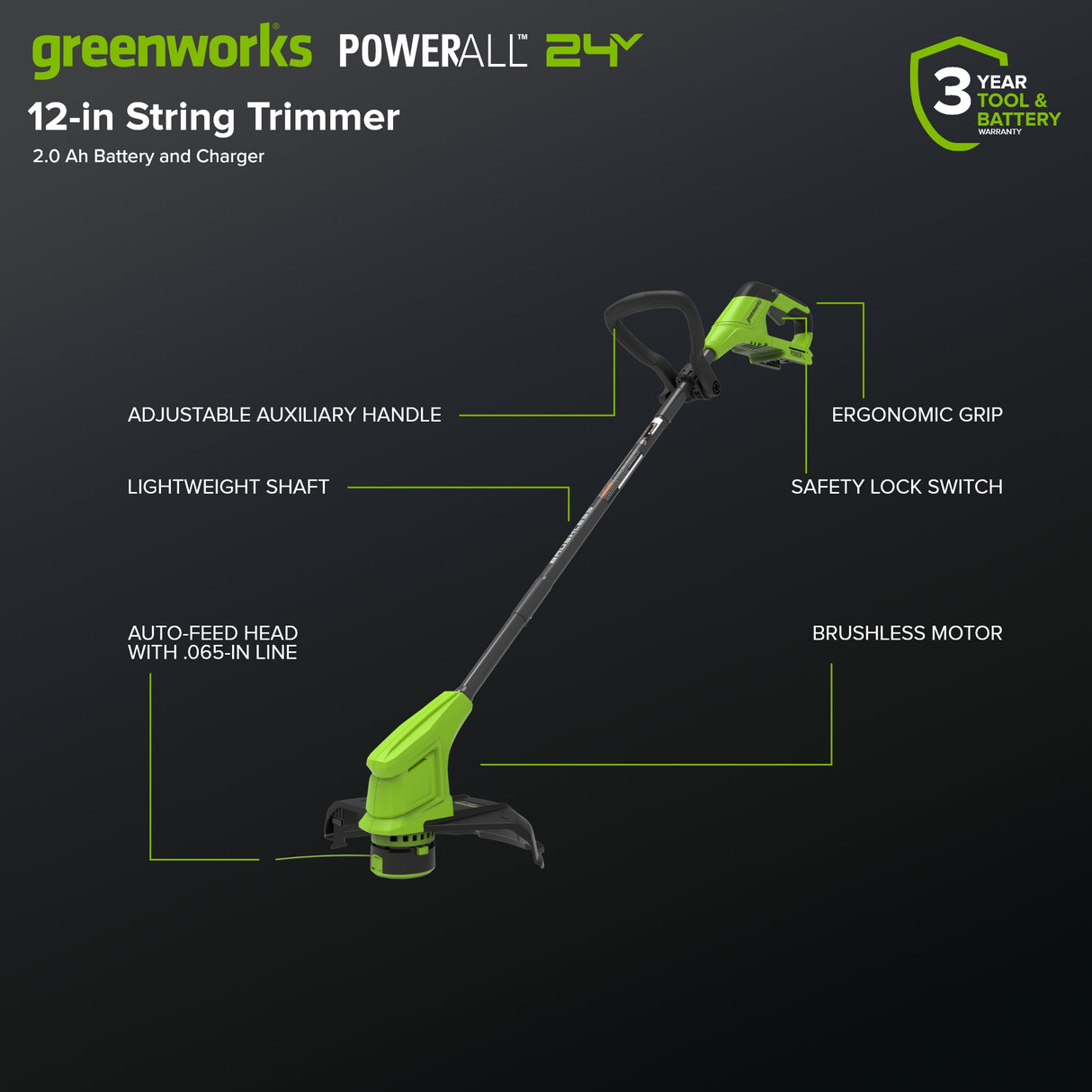 24V 12" Brushless String Trimmer & 270 CFM Blower, 2.0Ah Battery with 30W Type-C Charger and 3-FT Cables Included