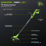 24V 12" Brushless String Trimmer & 515 CFM Blower, 3.0Ah Battery, 65W Type-C Charger and 3-FT Cable Included
