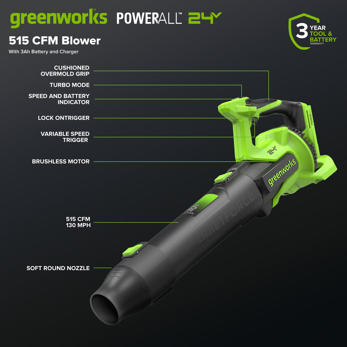 24V 12" Brushless String Trimmer & 515 CFM Blower, 3.0Ah Battery, 65W Type-C Charger and 3-FT Cable Included