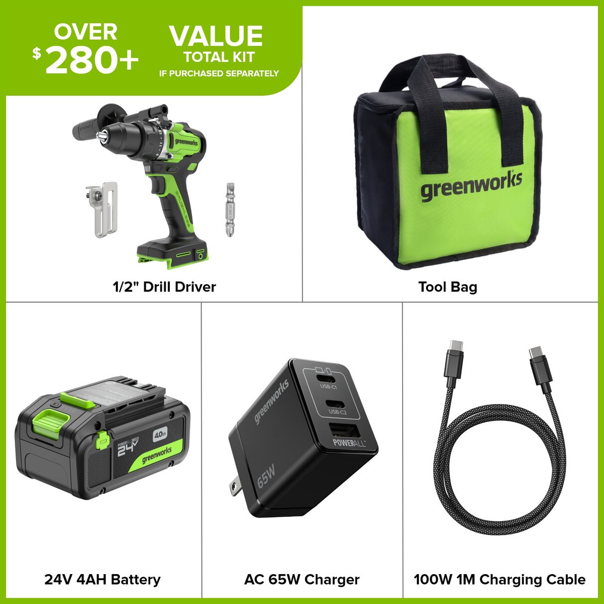 Perceuse-visseuse à batterie 24 V, 1/2 pouce, 800 po-lb – Batterie USB-C 4,0 Ah et chargeur rapide USB-C 65 W inclus