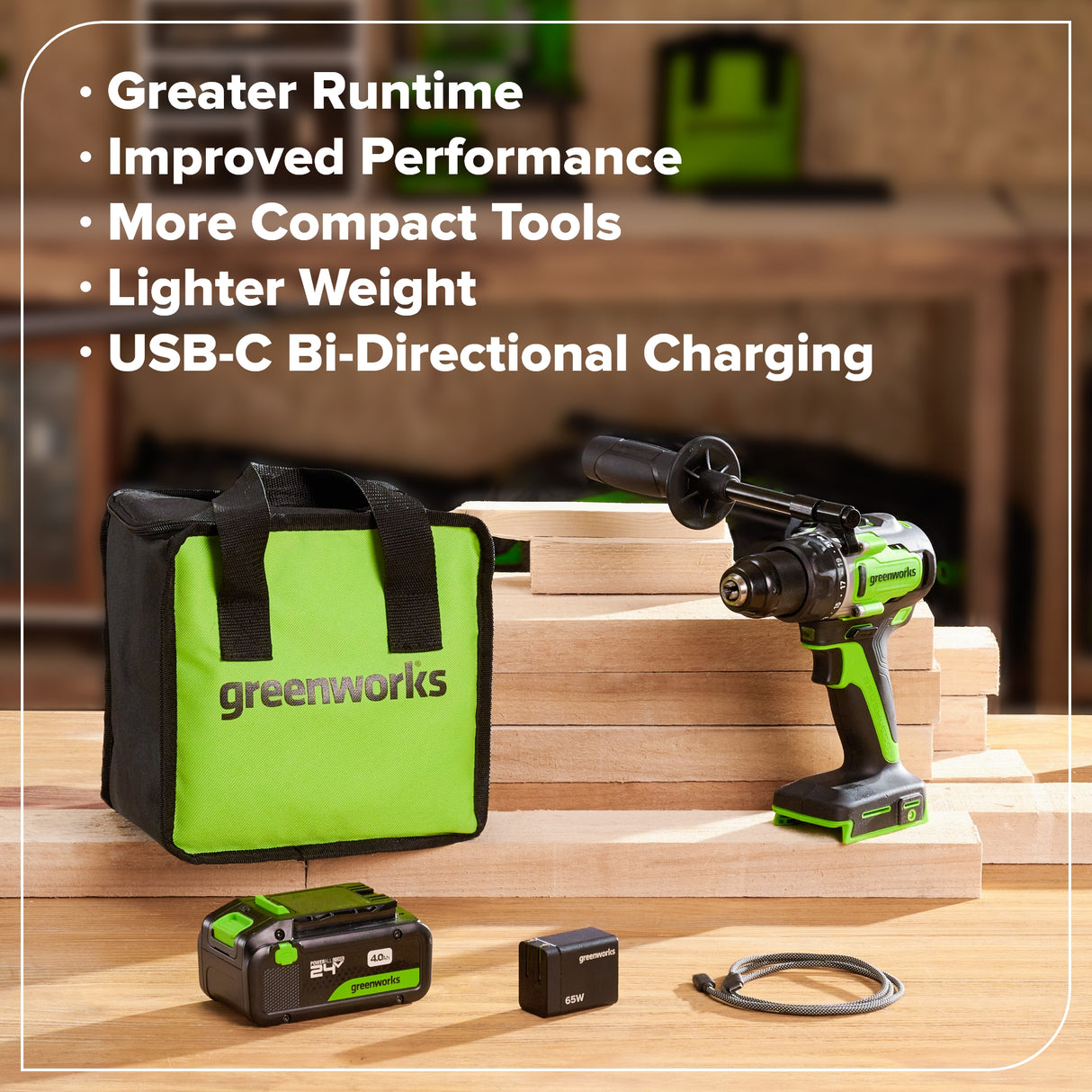 Perceuse-visseuse à batterie 24 V, 1/2 pouce, 800 po-lb – Batterie USB-C 4,0 Ah et chargeur rapide USB-C 65 W inclus