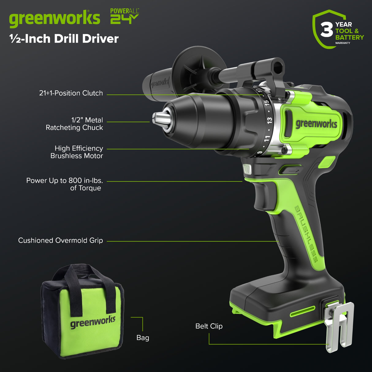 Perceuse-visseuse à batterie 24 V, 1/2 pouce, 800 po-lb – Batterie USB-C 4,0 Ah et chargeur rapide USB-C 65 W inclus