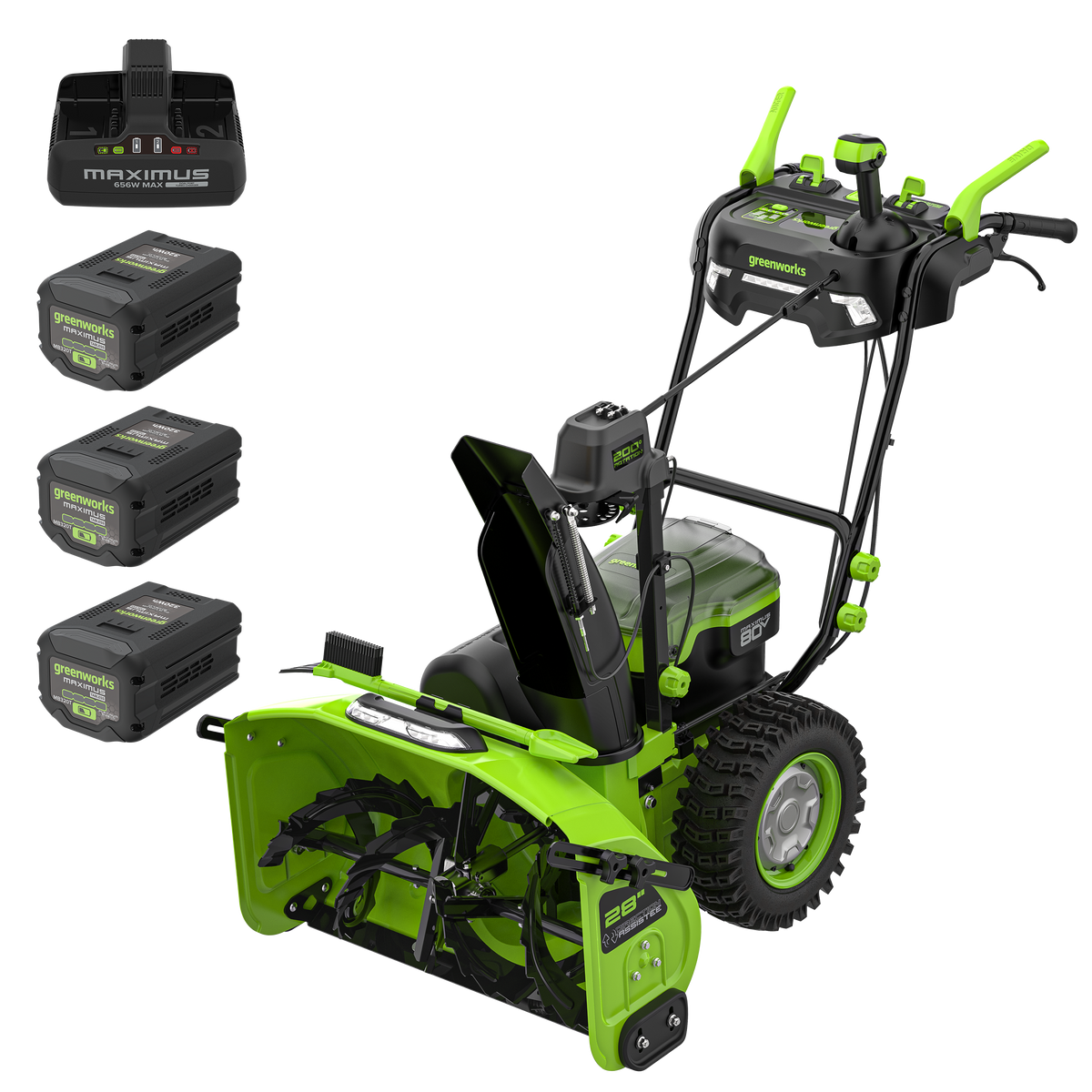 Souffleuse à neige à deux phases 80V MAXIMUS de 28 po, (3) batteries de 4,0 Ah et chargeur à deux ports de 8 A