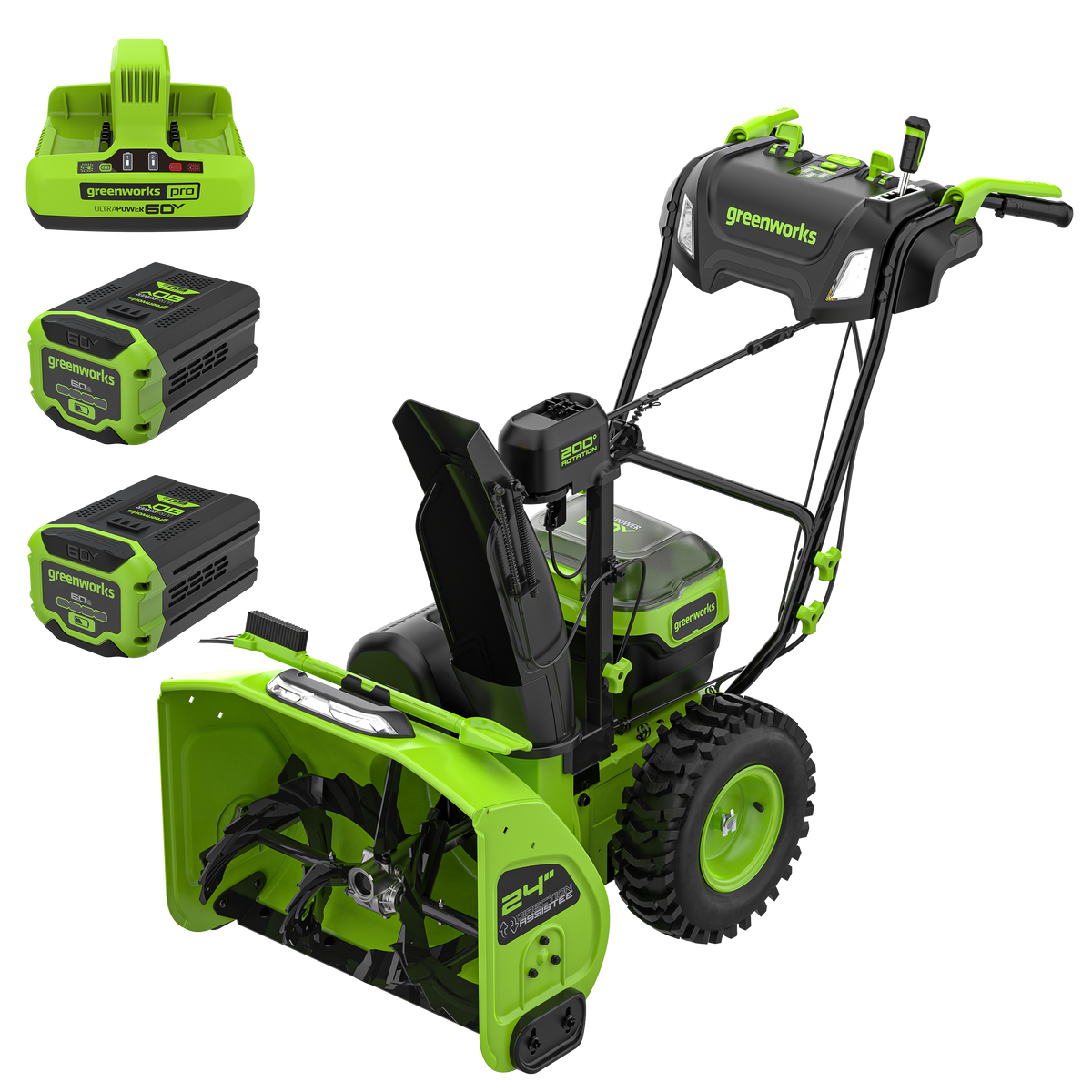 Souffleuse à neige à deux phases Greenworks 60 V de 24 po, avec deux batteries de 6,0 Ah et un chargeur à double port inclus